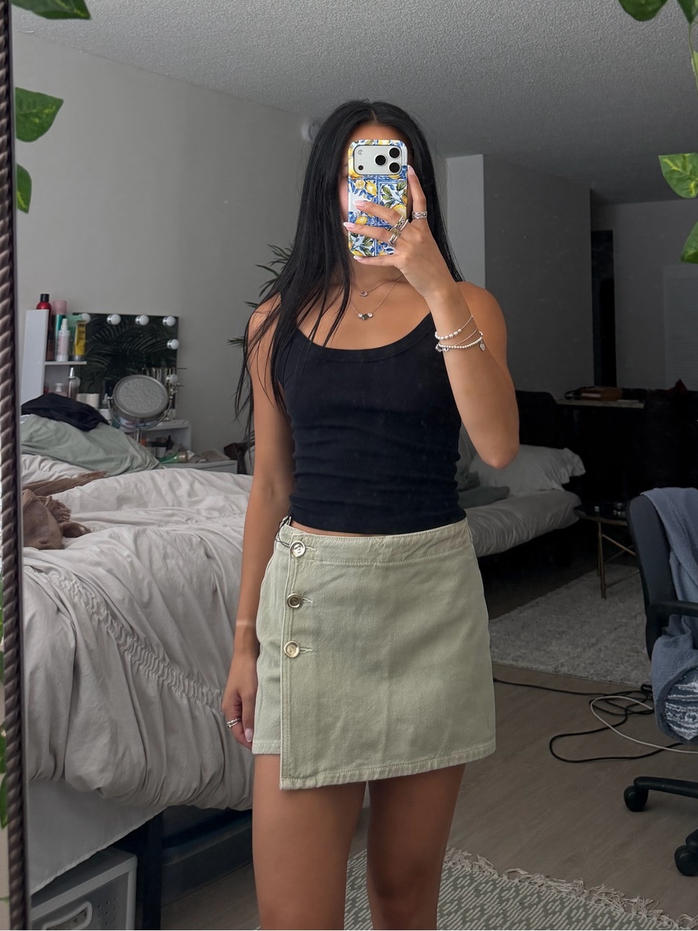 Zara Sage Green Button Down Denim Skort